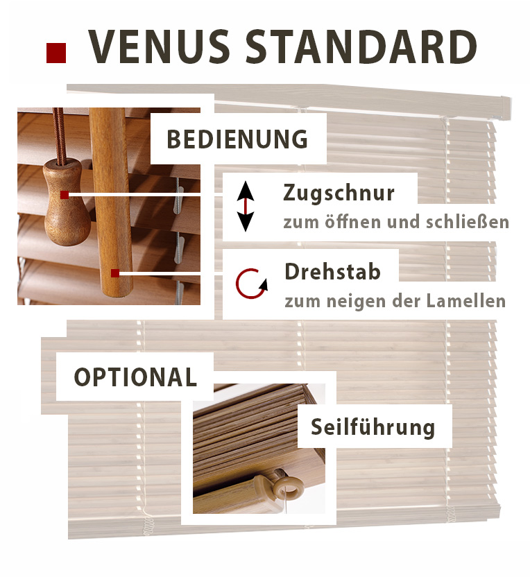 Bambus Jalousie Venus Standard mit Zugseil und Drehstab 25mm Bedienung