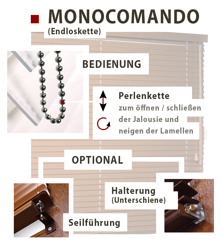 Holz Jalousie 50mm Monocomando Perlenkette Endloskette Bedienung